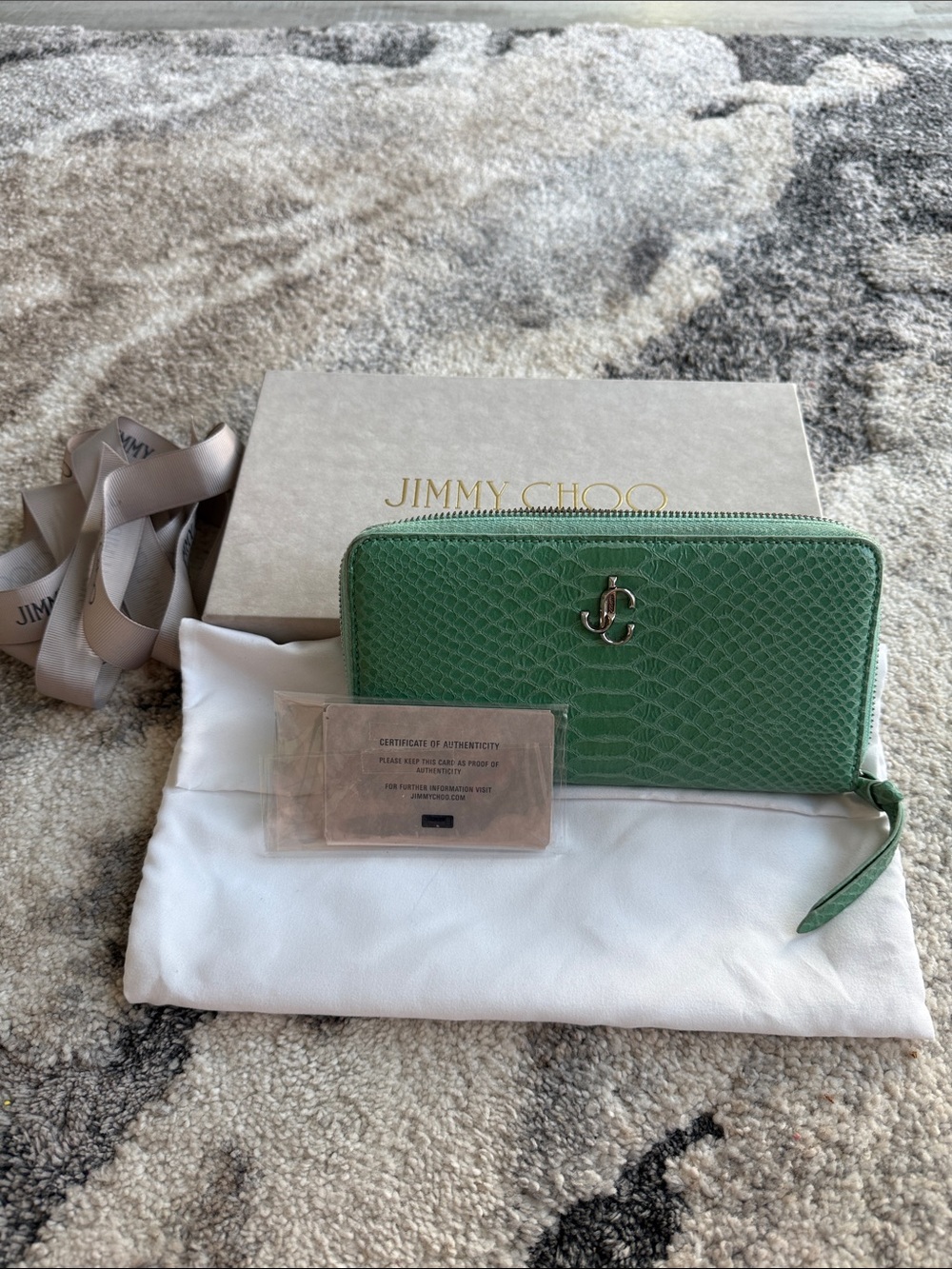 Jimmy Choo Green Python-Embossed Zip Around Wallet